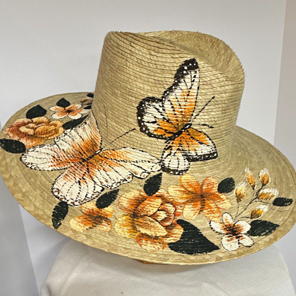 Women’s Tan Straw Wide Brim Fedora Hat Painted Butterfly Floral Print Size M